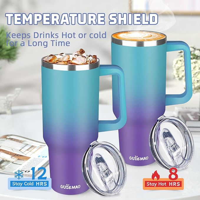 40 oz Insulated Coffee Mug with Ceramic Coating, Stainless Steel Travel Coffee Tumbler with Handle Lid and Straw, Double Wall Leak-Proof Coffee Travel Mug Keeps Drink Hot and Cold (Azure Purple) - Image 4