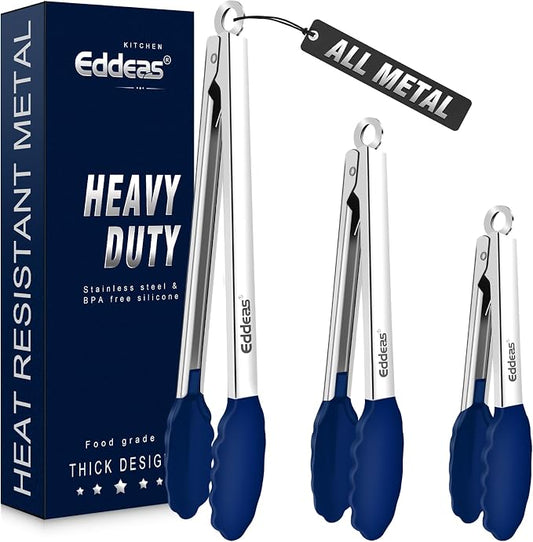 Tongs For Cooking - Silicone Metal Kitchen Tong 7" 9" & 12" Blue | 600°F Heat Resistant Silicone Tong, All Metal handle Locking Tongs with Silicone Tips, Heavy Duty Stainless steel by Eddeas