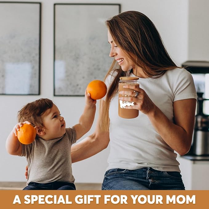 Gifts for Mom from Daughter Son - Mom 16 Oz Can Glass Coffee Cup with Bamboo Lid & Straw - Mothers Gift for Women on Birthday Mothers Day