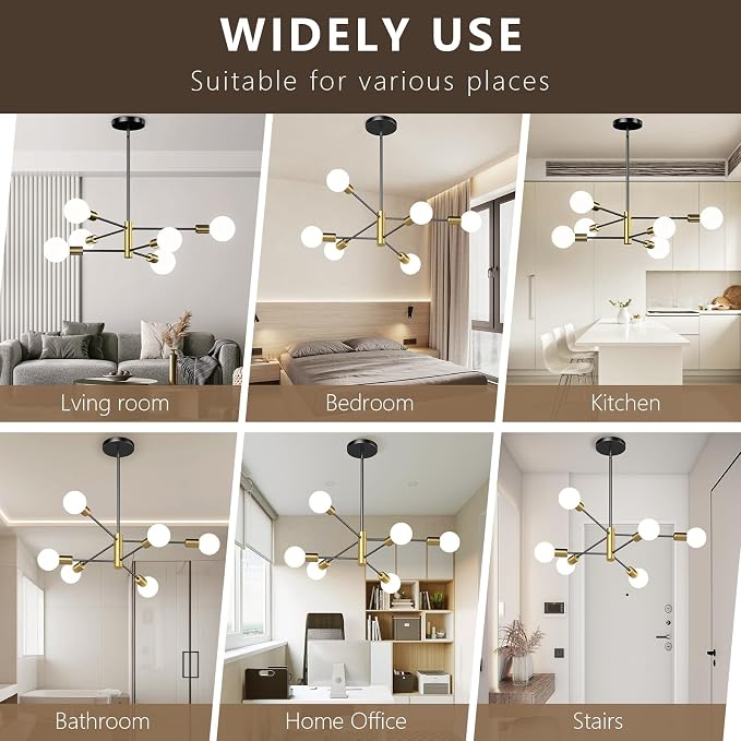 6-Light Black and Gold Mid Century Ceiling Chandelier Height Adjustable for Living Room, Kitchen, Dining Room, Bedroom,Foyer (Bulbs Not Included) - Image 5