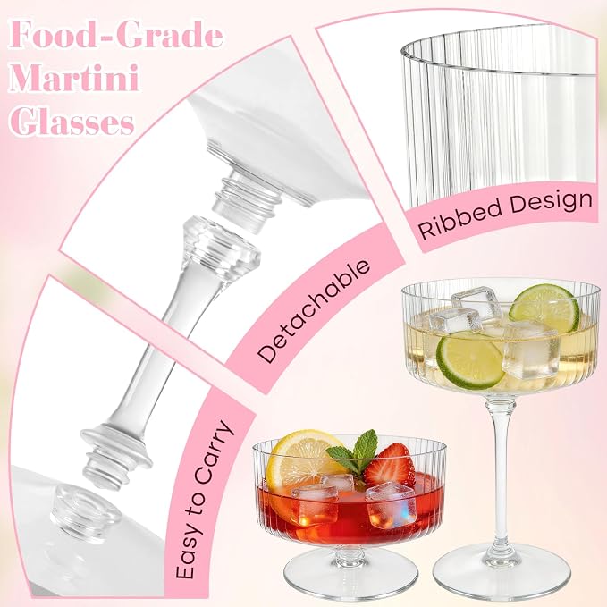 PLULON 36 Pcs Clear Martini Glasses Set 10 Oz Plastic Ribbed Coupe Glass, Cocktail Glasses Champagne Cup Tower Vintage Margarita Glassware for Cocktail Wine Bar Drinking Wedding Party Outdoor Events - Image 4