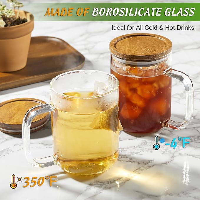 DRASTAR Glass Coffee Mugs, 20 oz Clear Coffee Cups, Coffee Mug with Acacia Wood Lid, Tea Glass Cups with Handles, Large Coffee Mug Set of 2, Glass Coffee Cups for Latte, Espresso, Tea - Image 8