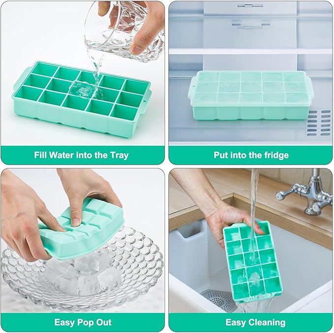 Ice Cube Tray, Ice Tray for Freezer with Lid, 3 Pack Silicone Ice Cube Trays for Freezer with 45 Flexible Anti Spill Easy Release Ice Trays