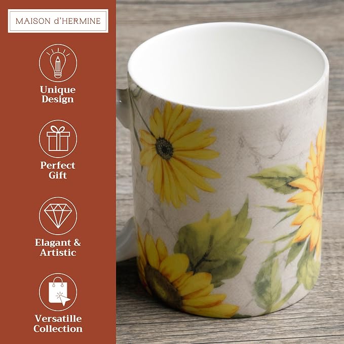 Maison d' Hermine Coffee Mug with Handles Tea Cups (12 Ounce, Pack of 1) | Fine Bone China Coffee Mugs for Hot Beverages Cappuccino Latte Home Restaurant Hotel Spring Summer -Candice - Helianthe - Image 2