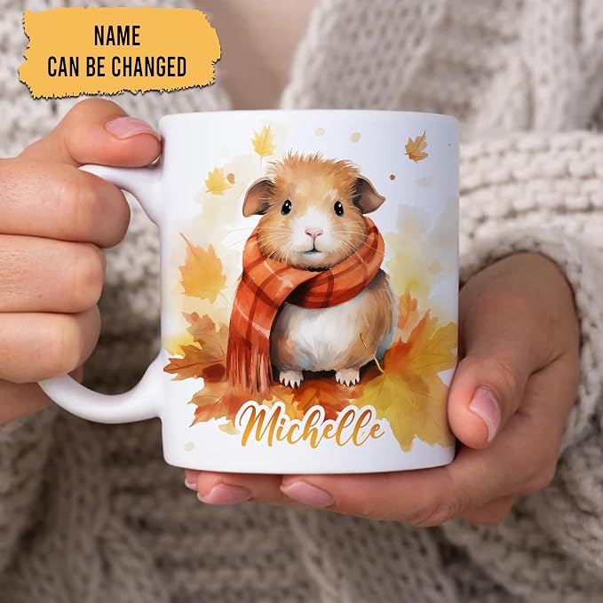 Hyturtle Personalized Fall Guinea Pig Coffee Mug, Fall Autumn Décor | Birthday Gifts For Guinea Pig Lovers, Gift Ideas For Farmhouse Thanksgiving - Custom Name 11oz White Ceramic Coffee Tea Mug - Image 2
