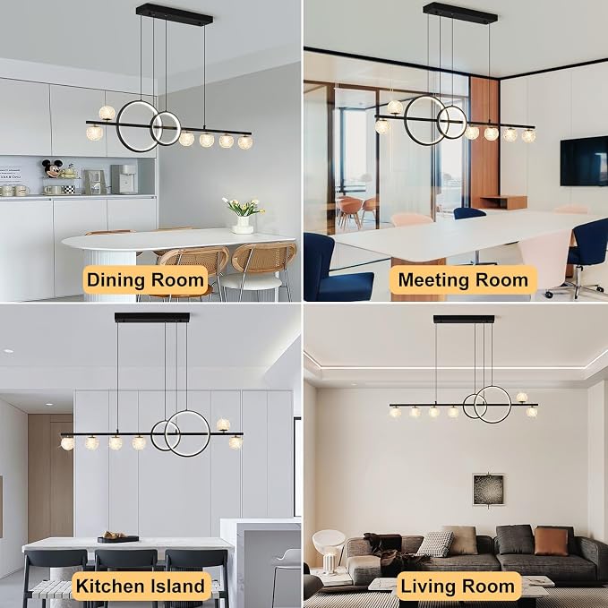ORANOOR Modern Black Gold Chandeliers, 47inch Dimmable LED Pendant Light | Linear LED Chandelier for Dining Room Kitchen Island, Upgraded 6 Globe Hanging Pendant Chandeliers Lighting (2 Rings, 4200lm) - Image 6