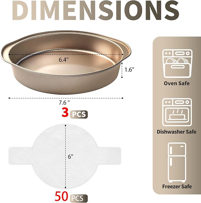 6 Inch Cake Pan, 3PCS Nonstick Round Cake Pans with 50 PCS Parchment Paper, Durable Birthday Circle Cake Baking Pan with Handle for Multi-Layer Cakes, Dishwasher Safe (Gold, 6") - Image 2