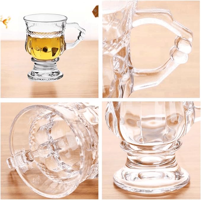 Vintage Irish Coffee Mugs, Crystal Clear Irish Coffee Glass with Handle, Footed Stem Base, Heat Resistant, Heavy Duty Cups for Hot Chocolate, Tea, Coffee