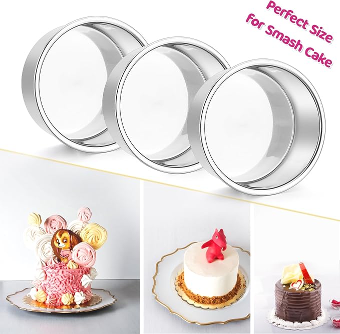 E-far 4 Inch Small Cake Pan Set of 4, Stainless Steel Mini Round Smash Cake Baking Pans, Non-Toxic & Healthy, Mirror Finish & Dishwasher Safe - Image 4
