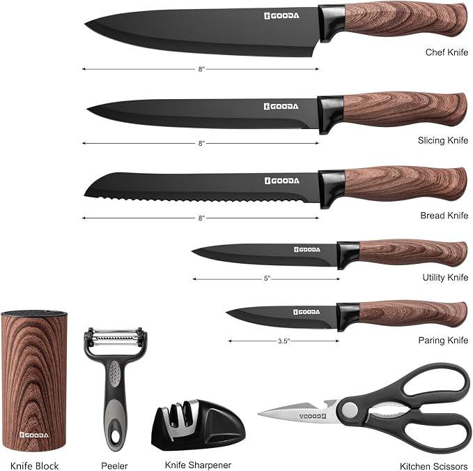 Knife Set,GOODA 9 Piece Kitchen Knife Set with Block and Sharpener, Anti-Rust Stainless Steel Cooking Knives Set for Kitchen, Chef Knife Block Set - Image 6