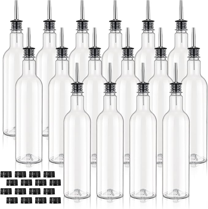 25 oz Plastic Long Neck Bottle with Stainless Steel Leakproof Tapered Spout Pourer and Cap Syrup Alcohol Juice Coffee Liquor Container for Home Christmas Party Bar Service Bartending Supplies(16 Pack)