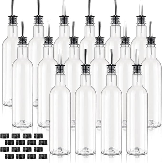 25 oz Plastic Long Neck Bottle with Stainless Steel Leakproof Tapered Spout Pourer and Cap Syrup Alcohol Juice Coffee Liquor Container for Home Christmas Party Bar Service Bartending Supplies(16 Pack)