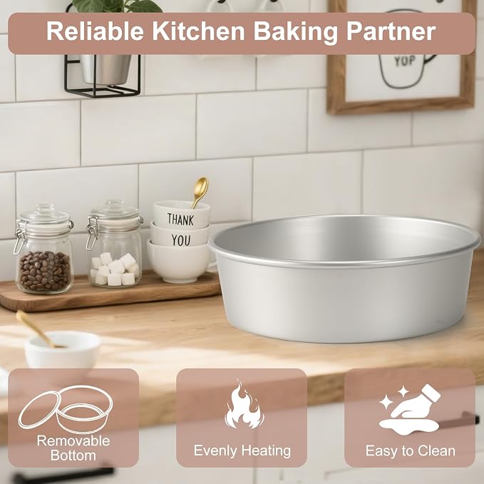 Round Cake Pan with Removable Bottom, Set of 3 (6 x 3 inch/8 x 3 inch/10 x 3 inch), Aluminum Baking Pans for Layer Cakes, Evenly Heating Tools for Home Kitchen, Tapered Side - Image 3