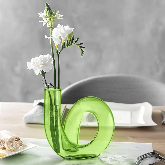 Joeyan Handmade Small Green Glass Flower Vase,Decorative Geometric Glass Bud Vase for Modern Home Centerpieces Living Room Office,4.72" Abstract Vase for Single Flower and Dry Flowers - Image 4