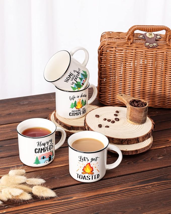 Nefelibata Camping Gifts Ceramic Coffee Mug Set of 4 Happy Campers Tea Cups | Travel Holiday Campfire Coffee Cup for Coffee, Tea & Hot Cocoa Outdoor Anniversary Wedding Christmas Camping Lover Gifts - Image 2
