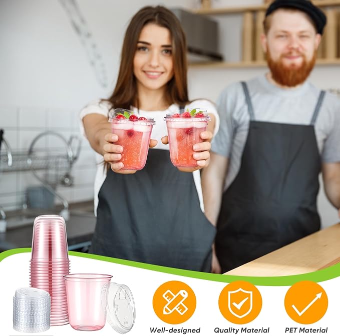 Ziliny 50 Sets Clear Plastic Coffee Cups with Sip Lids, Disposable Plastic PET Crystal Cups for Iced Coffee, Smoothie, Cold Beverage, Drink Shops and Party Catering (Clear Pink,14 oz) - Image 7