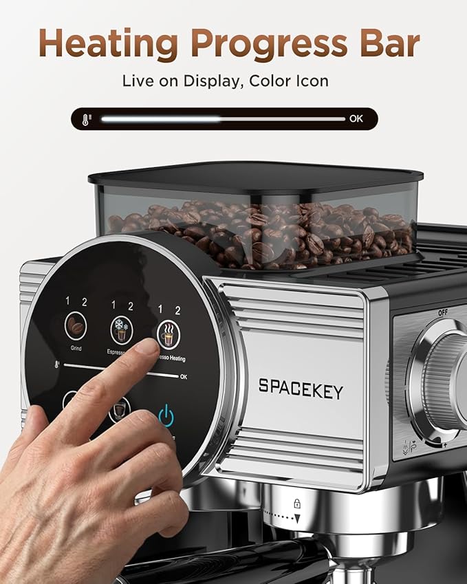 Spacekey Espresso Coffee Machine with Grinder, Milk Frother, Cold Brew, 20 Bar | Coffee Maker with 30 Grind Settings, 60oz Removable Tank, Home Barista Kit for Lattes, Cappuccinos, Americano - Image 6