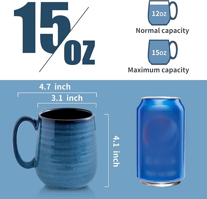 HASENSE Porcelain Coffee Mugs Set of 6, 15 Ounce Large Ceramic Coffee Cups Set with Handle for Latte, Tea, Cocoa and Hot Chocolate, Blue Coffee Mugs for Men and Women, Microwave Safe - Image 3