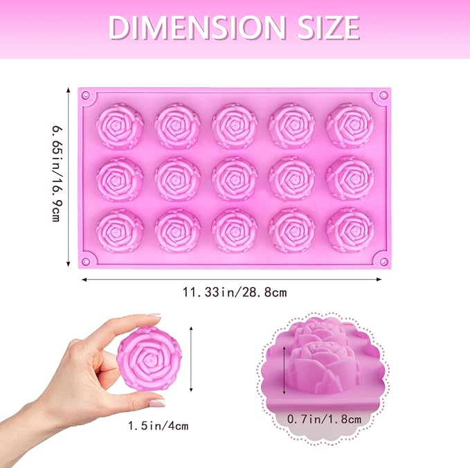 MEMOVAN 15 Cavity Rose Silicone Fondant Mold 2pcs 3D Flower Cake Resin Mold Rose Candy Chocolate Mold Flower Ice Tray Molds for Sugarcraft Cupake Decoration Soap Candle Making Clay Lotion Bar Wax - Image 2