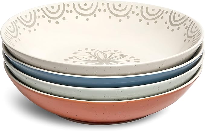 Sango 4-Piece Speckled Stoneware Pasta Bowl Set- Wide Shallow Dinner Bowls with Hand-Painted Rustic Design, Farmhouse Glossy Large Ceramic Bowls for Pasta, Salad & Everyday Meal, Siterra Glazed Garden by Sango
