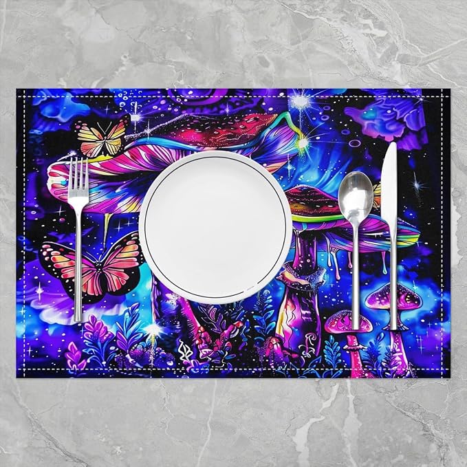 Feelyou Botanical Theme Table Place Mats 18"x12" Colorful Mushroom Placemats Set of 4 Wild Mushroom Stuff Placemat for Kitchen Dining Table Decor Indoor Outdoor Butterfly Decor Table Place Mats Cool - Image 2