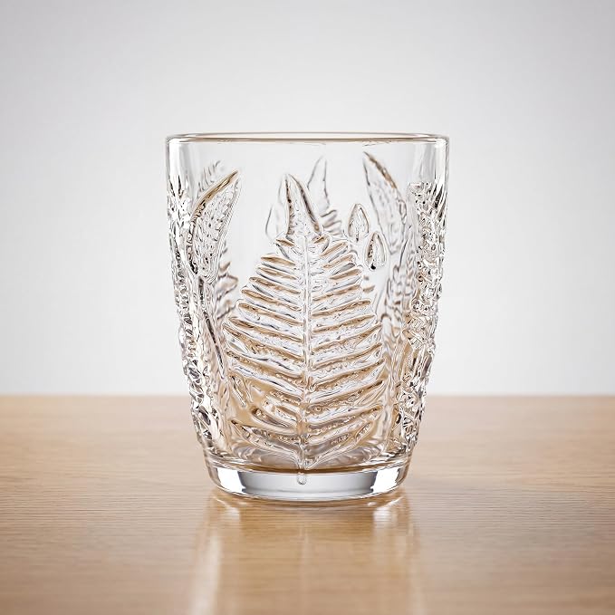 Clear Drinking Glasses Set of 4, 10 oz Glass Cups, Vintage Fern Glassware | Hand-Pressed, Dishwasher Safe, Boho Leaf-Textured Drinkware, Decorative Embossed Lowball Tumblers for Water, Retro Kitchen - Image 3