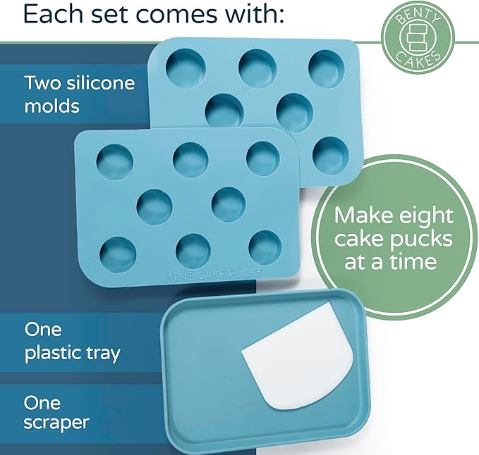 Benty Cakes - The Original Mini Cake Puck Mold Set – Better than a Cake Pop! Make Chocolate Covered Desserts – BPA Free Silicone – Includes 1 Mold Set, 1 Plastic Tray, and 1 Scraper