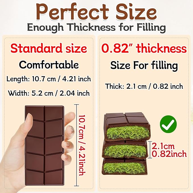 Chocolate Bar Molds Silicone Non Stick 0.82inch Deep,2 Pack Large Dubai Stuffed Bar Mold for Making Filling Thick Chocolate Pistachio Candy Snacks Granola Bar
