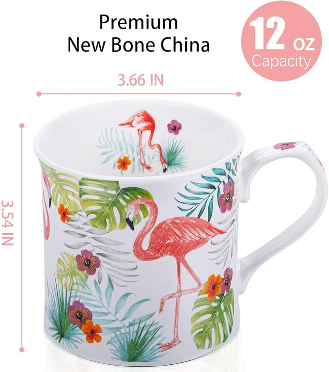 Flamingo Coffee Mug, Pink Flamingo & Tropical Plants Ceramic Mug, 12oz New Bone China Tea Mug, Birthday & Summer Gift for Women & Girls, Designed in England by Harvest Green Studio - Image 4