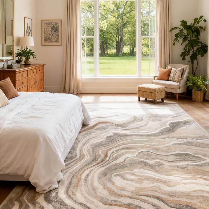 5x7 Area Rug, Machine Washable Living Room Rug - Non-Slip Low Pile Accent Rug for Bedroom, Pet Friendly, Modern Vintage Geometric Design - Image 3