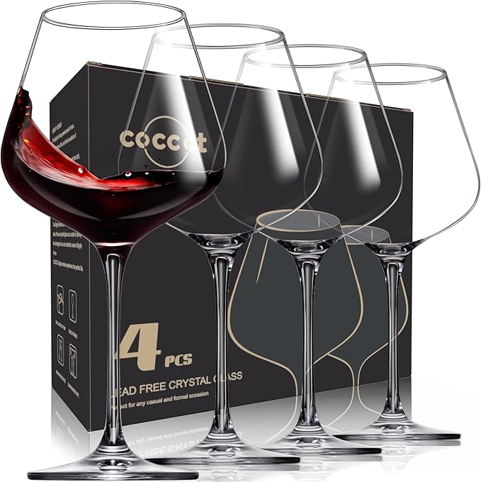 coccot Red Wine Glasses Set of 4, Hand Blown Italian Style Crystal Burgundy Wine Glasses, Lead-Free Premium Clear Glass [23 oz/650ml，4 Pack ] by coccot