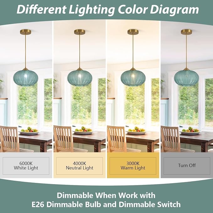 KCO Lighting Green Glass Chandelier Vintage Gold Pendant Light Large Green Ribbed Ceiling Light Antique Brass Hanging Light Mid Century Modern Pendant Lights Kitchen Island - Image 4