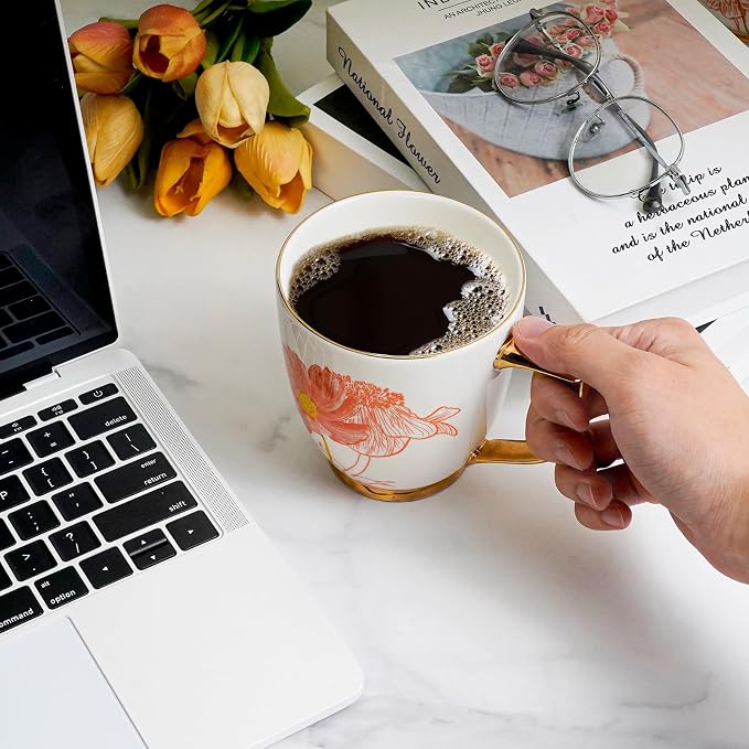 Ceramic Coffee Mug - 15 oz Tea Cup with Cosmos and Anemone Pattern, Porcelain Floral Mug for Home, Mother's Day Gift for Mom and Wife - Image 3