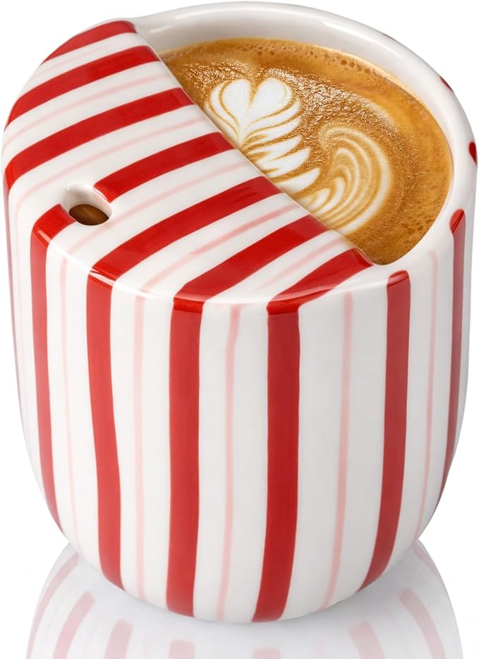 Ceramic Mug with Sip Hole 10 oz Novelty Red Striped Ceramic Coffee Mug Hand Painted Travel Mugs Heat Resistant Non Slip Built in One Lid Handcraft Mugs for Coffee Lovers Appreciation Gift by Ferrochef
