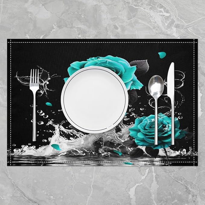 Feelyou Teal Rose Placemats Set of 4 Romantic Floral Blossom Table Place Mats Set for Adult Black Teal Placemat for Kitchen Dining Table Reflection on Water 18"x12" - Image 2