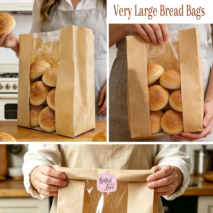 Extra Large Paper Bread Bags for Homemade Bread with Window & Sticker for XL Sourdough Breads, Round Loaf, Baked Goods, Oval Loaves, Brown Kraft - 45 Pcs 16x10x5 Inch - Image 5