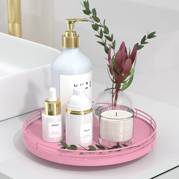 Oroyutor 10-Inch Oak Lazy Susan Vanity Tray, Pink Finish | Rotating oak tray organizes spices, toiletries and decor on kitchen counters, bathroom vanities, dining and coffee tables. by Oroyutor