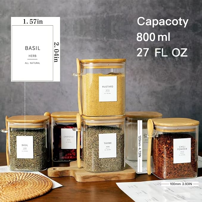 HHMJSM 6 Pcs Square Glass Jar with Bamboo Lid and Spoon - 27 oz Large Sugar Container with 148 Kitchen Pantry Spice Jar Labels Preprinted - Glass Containers with Wooden Lids Hold Coffee, Tea, Candy - Image 4
