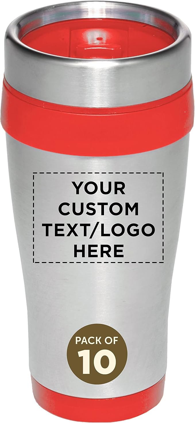 Custom Insulated Stainless Steel Travel Mugs 16 oz. Set of 10, Personalized Bulk Pack - Perfect for Coffee, Soda, Other Hot & Cold Beverages - Red