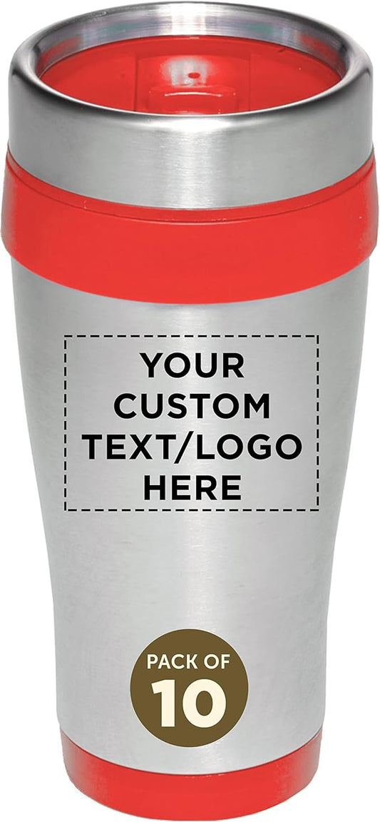 Custom Insulated Stainless Steel Travel Mugs 16 oz. Set of 10, Personalized Bulk Pack - Perfect for Coffee, Soda, Other Hot & Cold Beverages - Red