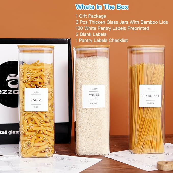 CZZGSM 3 Pack Square Kitchen Storage Jars with Airtight Bamboo Lids and 132 Pantry Labels - 80oz Glass Canisters with Wood Lids - Food Storage Containers for Spaghetti, Pasta, Fettuccine - Image 2