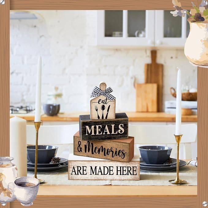 Moucuny 4 Pcs Farmhouse Kitchen Decor Wooden Plate Farmhouse Table Decor Black Brown and White Tableware Centerpiece Rustic Decorative Plates Stacked Block Sign for Display Cabinet Kitchen Decoration - Image 6