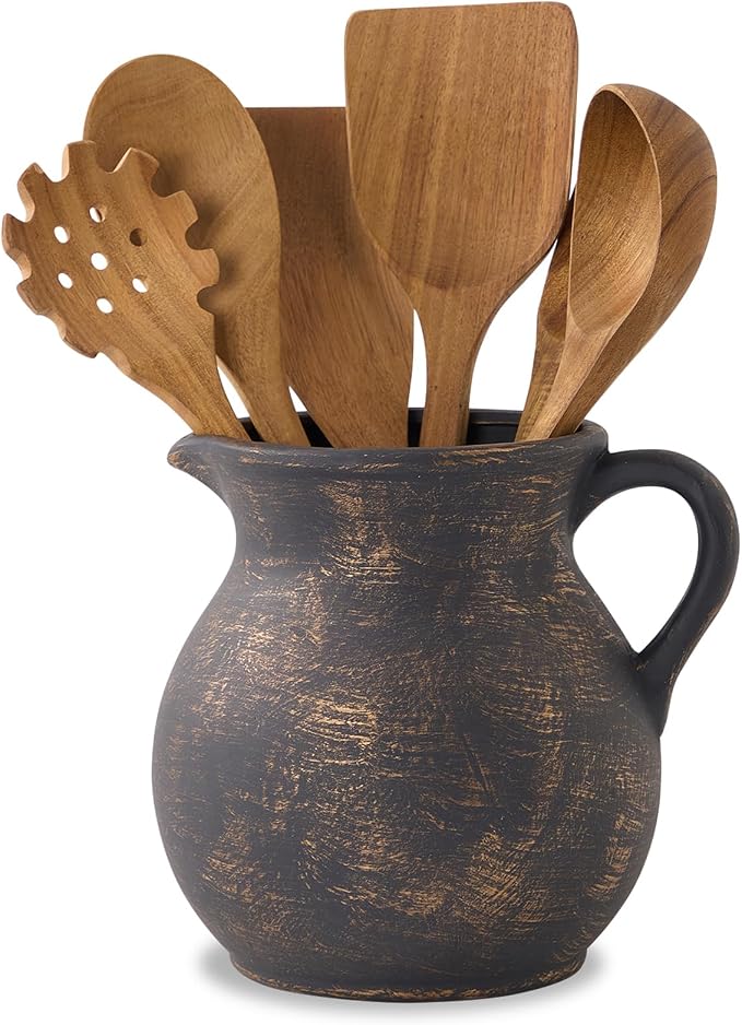 MIYUKI Rustic Kitchen Utensil Holder - 7.6 Inch Ceramic Utensil Crock for Countertop, Vintage Kitchen Counter Decor by Unknown