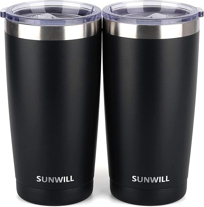 SUNWILL Travel Coffee Mug with Lid, 20 oz Tumbler Set of 2, Insulated Stainless Steel Cup for Water, Tea, Ice, Powder Coated Black 2 pack by SUNWILL