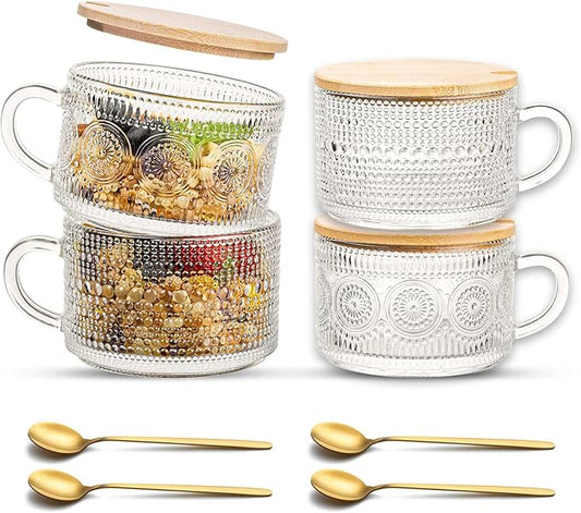 JBHO Vintage Glass 14OZ Coffee Mugs 4pcs Clear Embossed Glass Cups with Bamboo Lids and Spoons Gifts for Women Overnight Containers for Tea,Cereal,Cappuccino, Latte