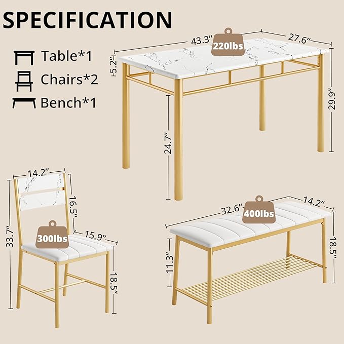 IRONCK Dining Table Set for 4, Kitchen Table and Chairs Set, White & Gold | Kitchen Table with Upholstered Bench and 2 Chairs for Small Space, Apartment - Image 2