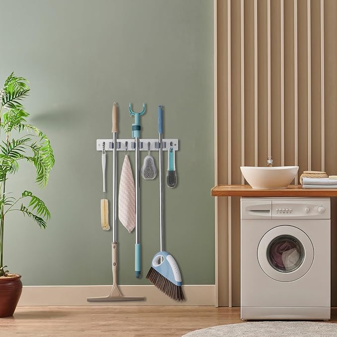 OUTNILI White Mop Broom Holder Wall Mount with 3 Slots & 4 Hooks - Wood Broom Mop Hanger for Pantry Kitchen Organization - Garden Tool Organizer for Closet Laundry Room - Image 3