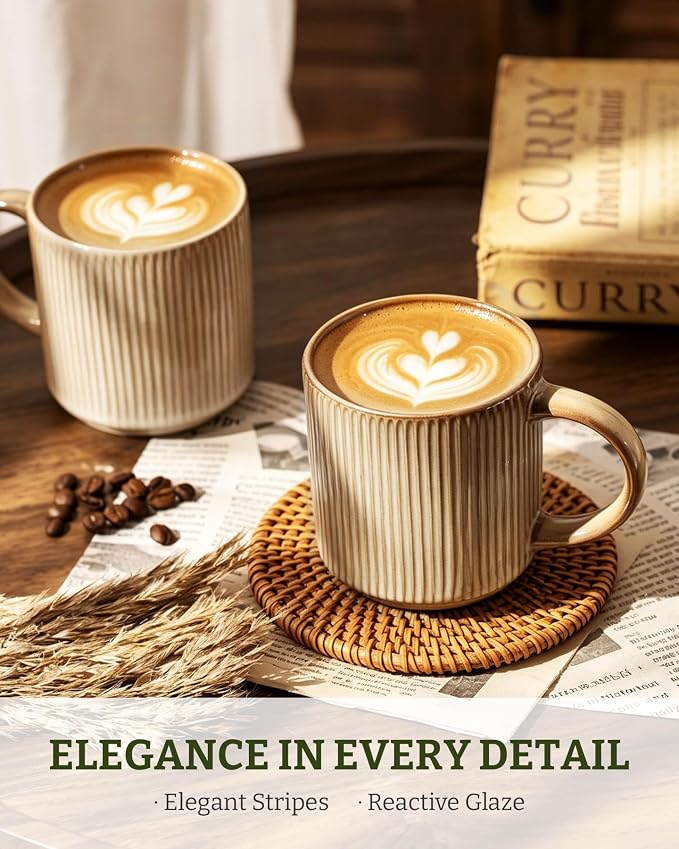 famiware Coffee Mug Set for 4, Star 12 oz Catering Mugs Cup Set with Handle for Coffee, Tea, Cocoa, Milk - Ceramic Stoneware Drinkware Set, Cream - Image 2