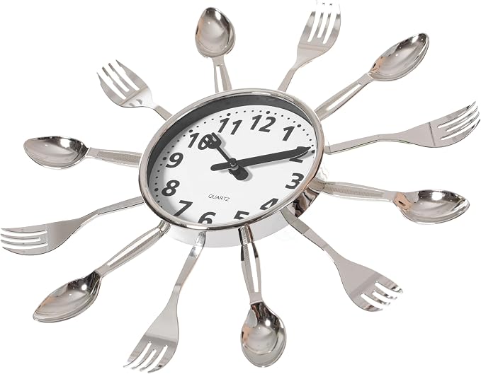 Clockswise Bulk Set of 10PC 14" Oversized Decorative 3D Cutlery Utensil Spoon and Fork Wall Clock, Silver Design for Vibrant Kitchen, Playroom, or Bedroom Decor, Battery-Operated Silent Sweep, by Clockswise