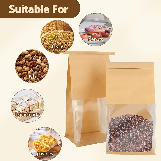 QTLCOHD 100 Pcs Cookie Packaging Bags 5.1×4.3×11 Inch Window Design | Brown Tin Tie Tab Lock Paper Bread & Bakery Bags for Homemade Pastry Loaf Snack Treat Packaging - Image 5